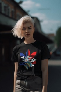Femeie cu păr blond scurt purtând un tricou negru cu un design grafic(Bugs Bunny) ce prezintă un personaj din desene animate pe role, pozând pe o stradă urbană într-o lumină difuză.