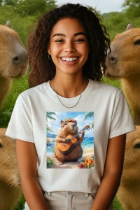 Tricou dama CapyBara - Canta la chitara Ukulele pe o plaja in Hawaii