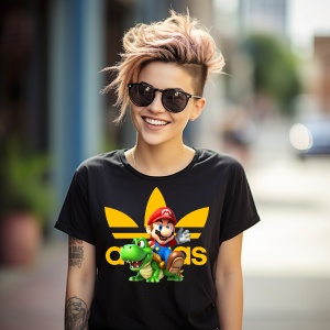 Femeie purtând un tricou alb cu un design grafic reprezentând personaje dintr-un joc video(Super Mario), lângă un logo galben și text, pozând în fața unui perete decorat cu graffiti colorat.