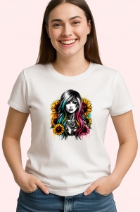 Tricou dark hair girl sunflower background, fata cu par inchis si fundal floarea soarelui, Copii | Dama | Barbat