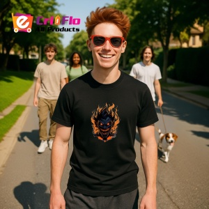 Tricou Demon cu zambet malefic si flacari fundal alb Copii | Dama | Barbat, culoare negru - Img 4