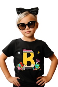 Tricou din bumbac 100% pentru copii, litera B, Back To School, educatie, creioane, carti - Img 2