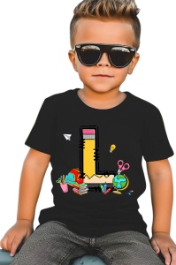 Tricou din bumbac 100% pentru copii, litera L, Back To School, educatie, creioane, carti - Img 2