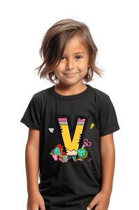 Tricou din bumbac 100% pentru copii, litera V, Back To School, educatie, creioane, carti - Img 2