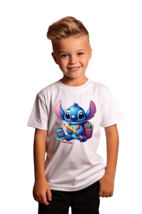 Tricou din bumbac 100% pentru copii, Stitch, Back To School, educatie, calculator, creioane - Img 2