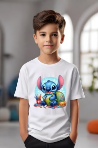 Tricou din bumbac 100% pentru copii, Stitch, Back To School, educatie, joaca, carti, creioane - Img 3