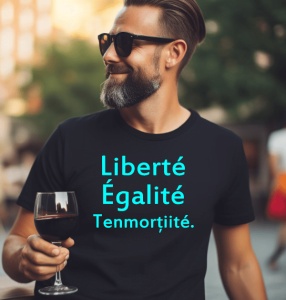 Bărbat purtând un tricou negru afișează textul „Liberté Égalité Tenmorțiite.” într-o culoare albastru deschis, păstrând același stil modern și curat, dar oferind un contrast puternic și elegant pe fundalul închis. Este un design potrivit pentru cei care d