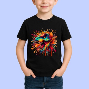 Tricou Dinozaur rosu portocaliu in stil exploziv Copii | Dama | Barbat, culoare negru - Img 4