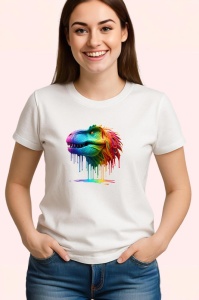 Tricou Dinozaur verde portocaliu cu vopsea fundal alb Copii | Dama | Barbat