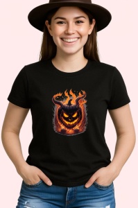 Tricou Dovleac Halloween cu coarne si flacari portocalii Copii | Dama | Barbat, culoare negru