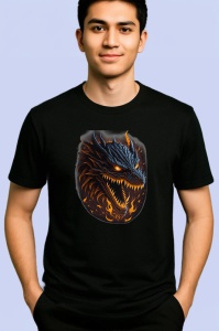 Tricou Dragon negru cu ochi rosii si flacari pe fundal Copii | Dama | Barbat, culoare negru - Img 2
