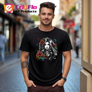 Tricou Elegant black hair flower burst, fata cu par negru si explozie florala, Copii | Dama | Barbat , tricou negru - Img 10