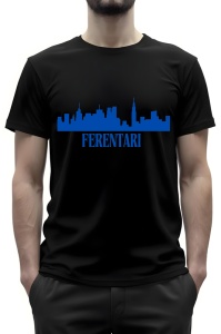 Tricou negru cu un imprimeu al siluetei cartierului Ferentari în albastru, având scris numele cartierului sub linia orizontului urban stilizat. Modelul poartă tricoul și are o barbă scurtă.