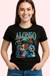 Tricou Fernando Alonso Portret Cu Ochelari Echipa Aston Martin, Copii | Dama | Barbat , tricou negru - Img 3