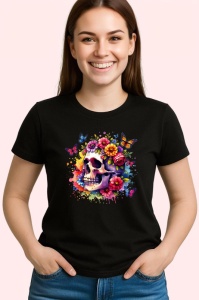 Tricou Floral skull pastel pop, craniu pastel cu explozie florala, Copii | Dama | Barbat , tricou negru - Img 3