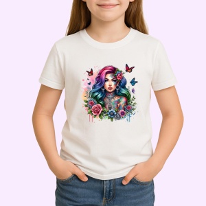 Tricou flower crown girl rainbow hair, fata cu coroana de flori si par curcubeu, Copii | Dama | Barbat - Img 3