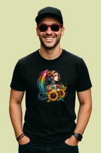 Tricou Flower crown girl side profile, fata cu profil lateral si coroana de flori, Copii | Dama | Barbat , tricou negru - Img 3