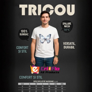 Tricou Fluture alb cu accente gri si puncte negre stil minimalist Copii | Dama | Barbat Barbat - Img 6