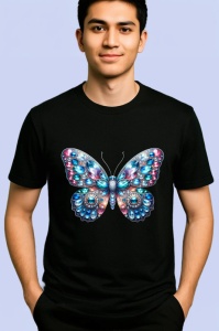 Tricou Fluture albastru cu detalii stralucitoare in degrade Copii | Dama | Barbat, negru - Img 2
