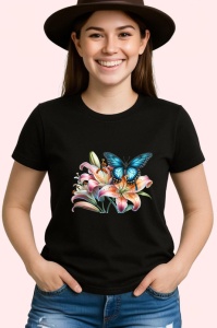 Tricou Fluture albastru cu negru pe flori de crin desen vibrant Copii | Dama | Barbat, negru - Img 4