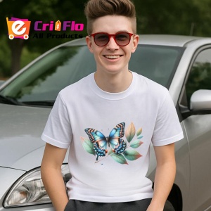 Tricou Fluture albastru cu negru pe frunze design decorativ Copii | Dama | Barbat Barbat - Img 6