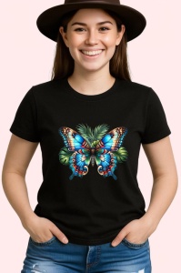 Tricou Fluture albastru intens cu model simetric floral Copii | Dama | Barbat, negru - Img 4