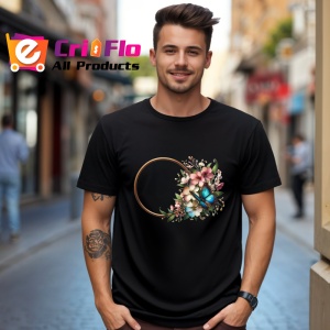 Tricou Fluture albastru pe coronita florala stil romantic decorativ Copii | Dama | Barbat, negru - Img 5