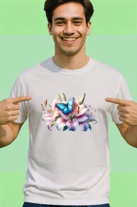 Tricou Fluture albastru pe crin roz compozitie florala vibranta Copii | Dama | Barbat Barbat - Img 2