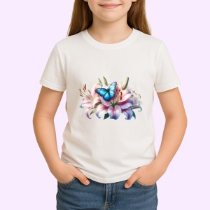 Tricou Fluture albastru pe crin roz compozitie florala vibranta Copii | Dama | Barbat Barbat - Img 4