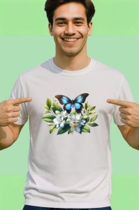 Tricou Fluture albastru pe flori albe compozitie florala calma Copii | Dama | Barbat Barbat - Img 2