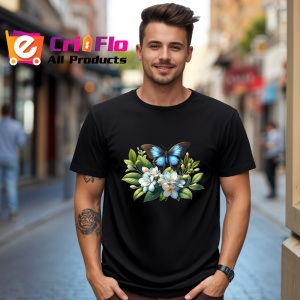 Tricou Fluture albastru pe flori albe compozitie florala calma Copii | Dama | Barbat, negru - Img 5