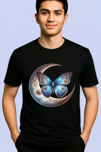 Tricou Fluture albastru pe luna grafica mistica si eleganta Copii | Dama | Barbat, negru - Img 2