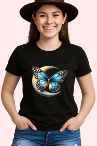 Tricou Fluture albastru pe luna stil mistic si feminin Copii | Dama | Barbat, negru - Img 4