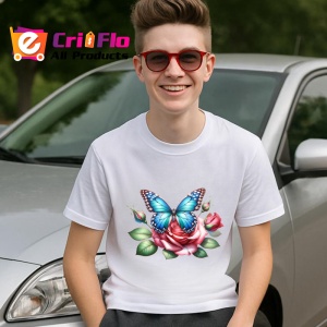 Tricou Fluture albastru pe trandafir roz compozitie romantica Copii | Dama | Barbat Barbat - Img 6