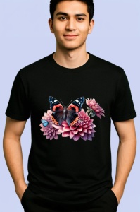 Tricou Fluture negru cu roz pe flori mari de lotus stil luxos Copii | Dama | Barbat Barbat - Img 5