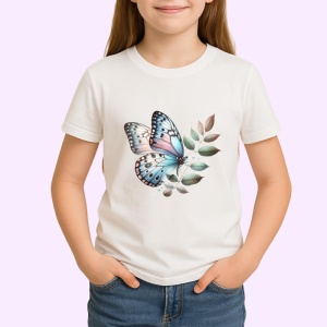 Tricou Fluture pastel albastru si roz pe frunze bej Copii | Dama | Barbat Barbat - Img 4