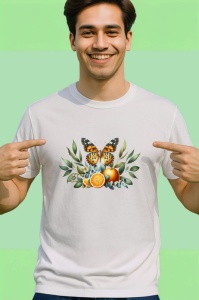 Tricou Fluture pe fundal cu frunze si portocale design compozitional Copii | Dama | Barbat Barbat - Img 2