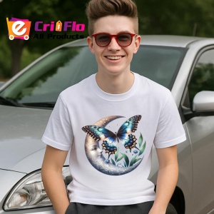 Tricou Fluture pe luna si flori albe stil mistic si feminin Copii | Dama | Barbat Barbat - Img 9