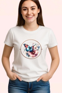 Tricou Fluture portocaliu in cerc cu flori roz compozitie romantica Copii | Dama | Barbat Barbat - Img 3