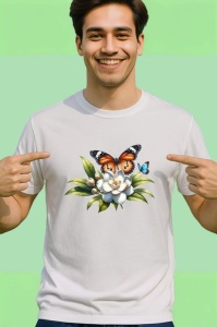 Tricou Fluture portocaliu pe floare alba stil floral delicat Copii | Dama | Barbat Barbat - Img 2