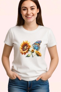 Tricou Fluture portocaliu pe floare de floarea soarelui ilustrativ Copii | Dama | Barbat Barbat - Img 3