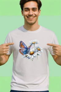 Tricou Fluture portocaliu pe margarete decor floral natural Copii | Dama | Barbat Barbat - Img 2
