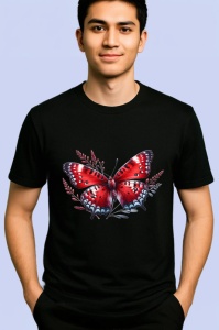 Tricou Fluture rosu cu alb si flori ilustrate desen dinamic Copii | Dama | Barbat Barbat - Img 5