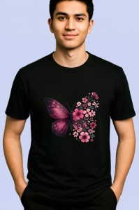 Tricou Fluture roz cu flori de primavara design elegant Copii | Dama | Barbat Barbat - Img 5