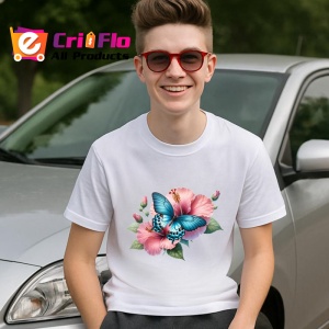 Tricou Fluture turcoaz pe hibiscus rosu compozitie tropicala Copii | Dama | Barbat Barbat - Img 9