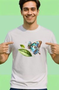 Tricou Fluture turcoaz si maro pe frunze stil botanic realist Copii | Dama | Barbat Barbat - Img 2