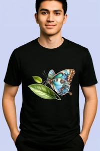 Tricou Fluture turcoaz si maro pe frunze stil botanic realist Copii | Dama | Barbat Barbat - Img 5