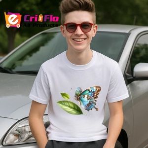 Tricou Fluture turcoaz si maro pe frunze stil botanic realist Copii | Dama | Barbat Barbat - Img 9