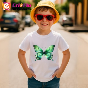 Tricou Fluture verde smarald cu efect de catifea pe fundal alb Copii | Dama | Barbat Barbat - Img 14