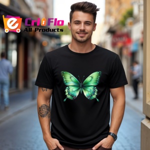 Tricou Fluture verde smarald cu efect de catifea pe fundal alb Copii | Dama | Barbat Barbat - Img 18